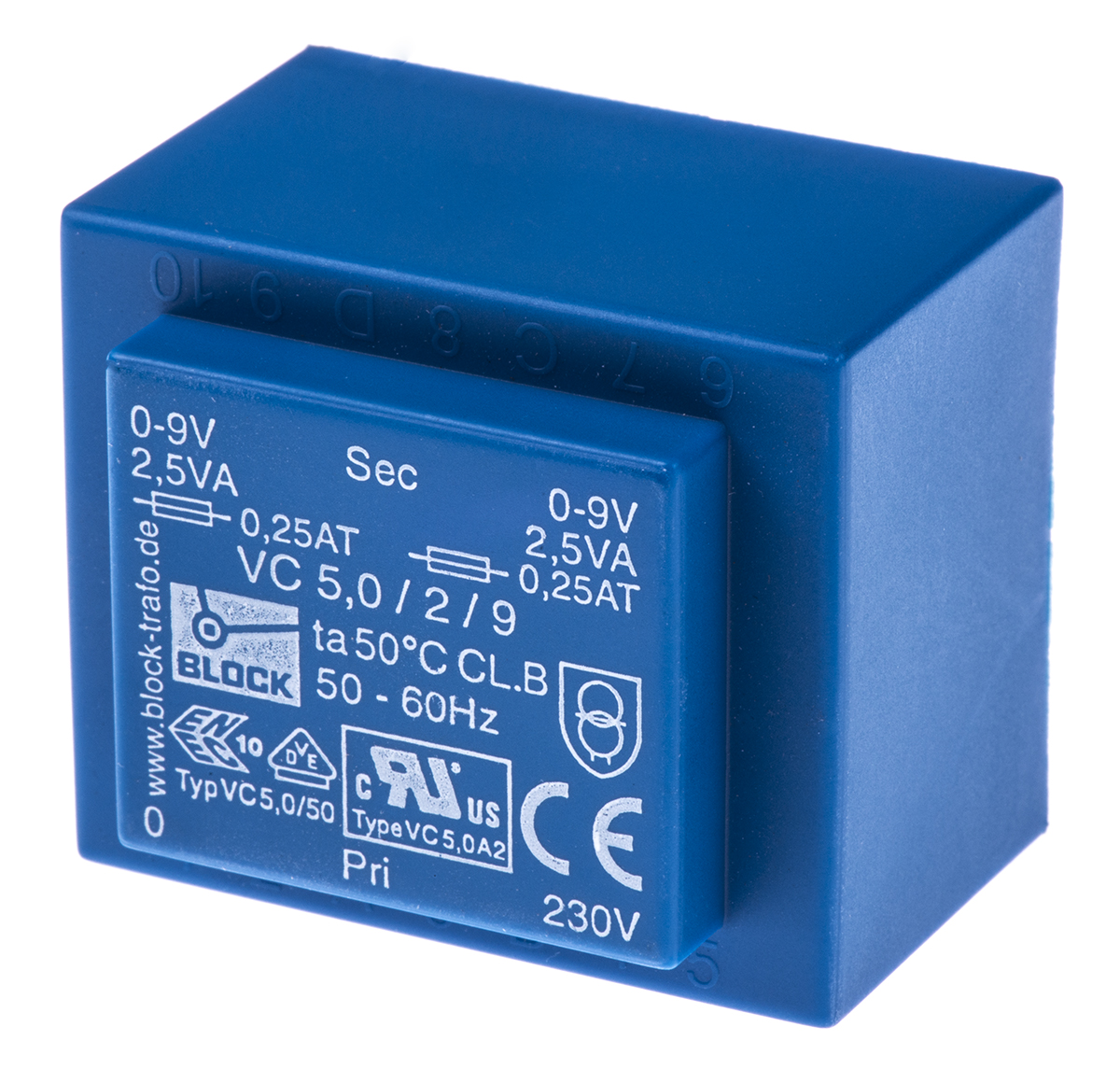 Block 2 x 9 V ac 2 Output Pin PCB Transformer, IEC 61558-2-6, cURus, UL 5085-1/-2, VDE, CSA 22.2 No.66, VDE 0570 Part
