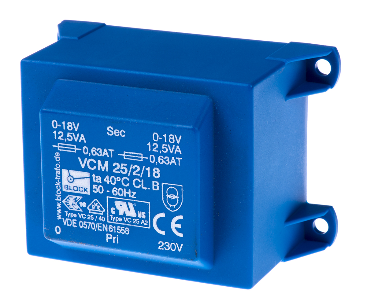 Block 18 V ac 2 Output Through Hole PCB Transformer, UL, VDE 25 VA