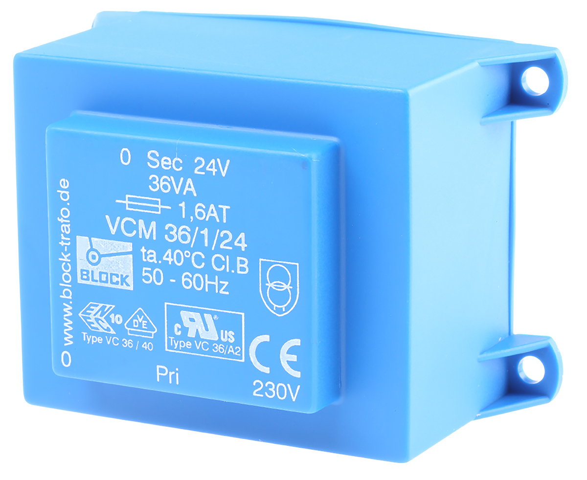 Block 24 V ac 1 Output PCB PCB Transformer, ENEC 10 (VDE), C-UL-US 36 VA