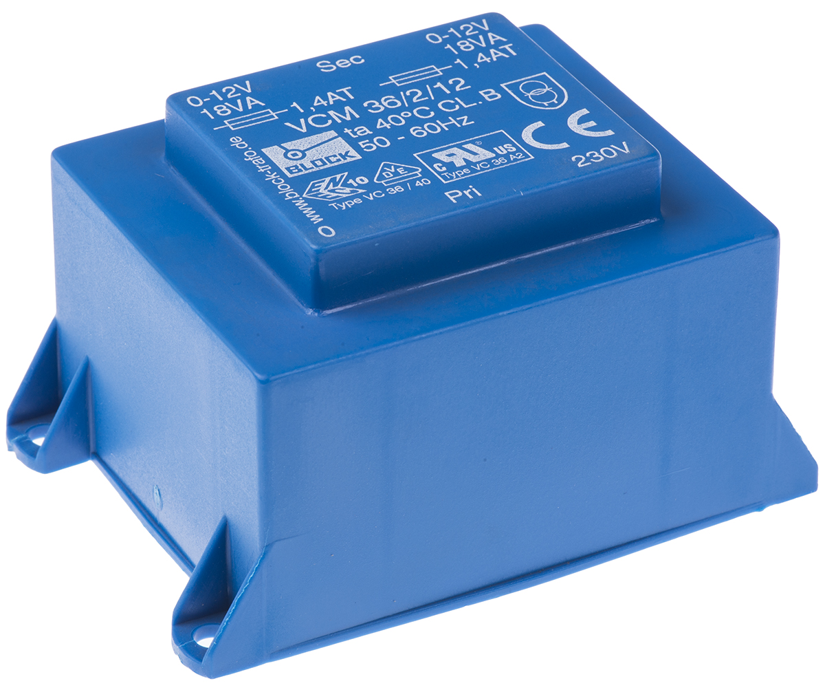 Block 12 V ac 2 Output Through Hole PCB Transformer, VDE, UL 36 VA