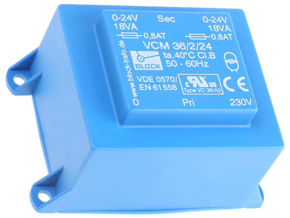 Block 24 V ac 2 Output Through Hole PCB Transformer, UL, VDE 36 VA