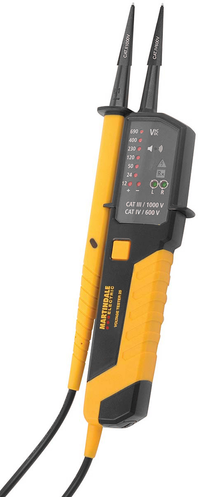 Martindale, LED Voltage Tester, 690V Continuity Check, 1.5 V Battery Powered CAT III 600 V, CAT IV 300 V, VT25