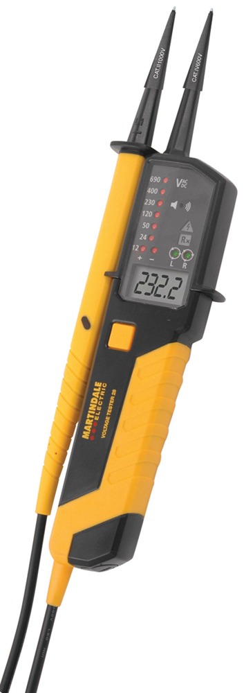 Martindale, LCD Voltage Tester, 690V Continuity Check, 1.5 V Battery Powered CAT III 600 V, CAT IV 300 V, VT28