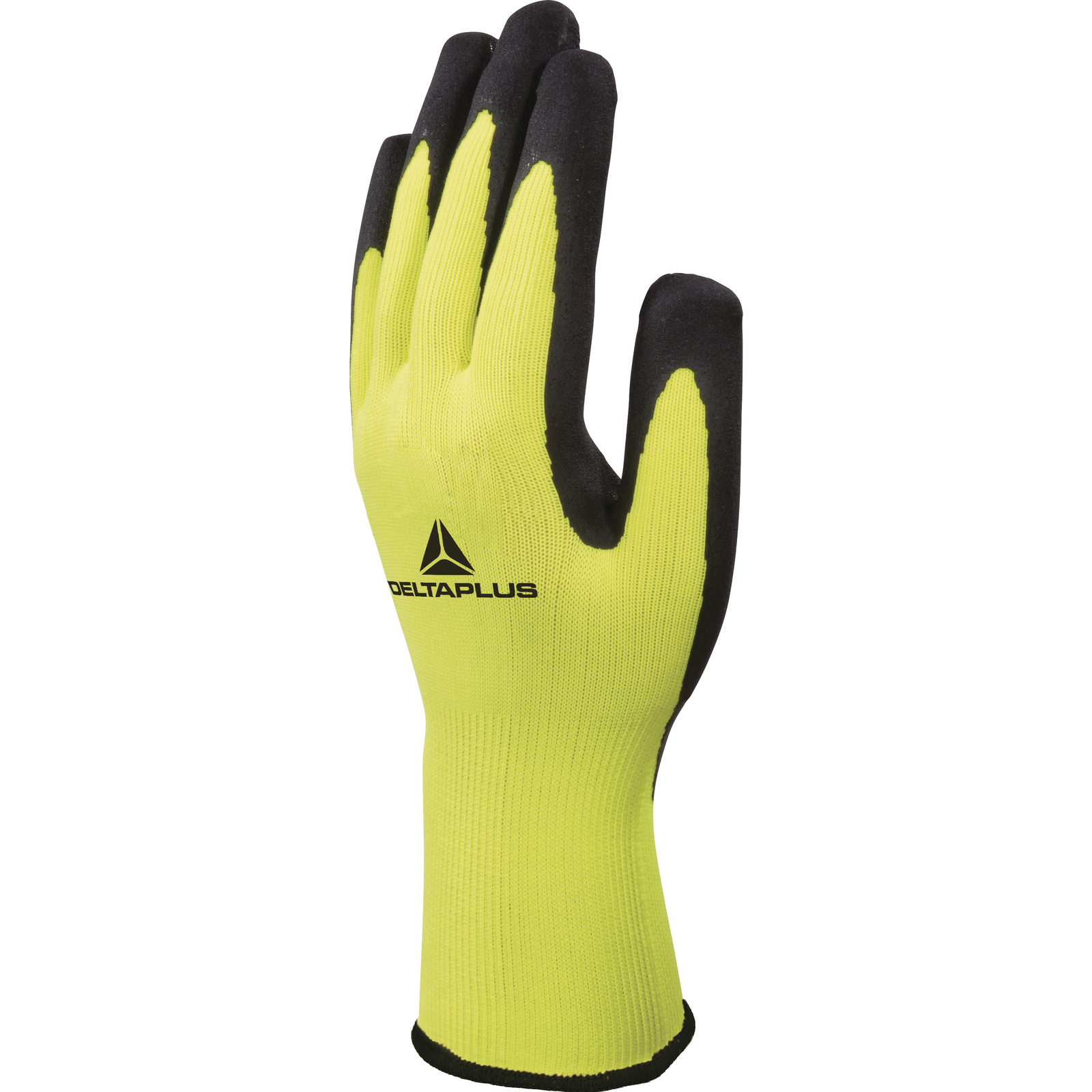 Delta Plus APOLLON VV733 Black, Fluorescent Yellow Polyester Work Gloves, Size 8, Latex Coating