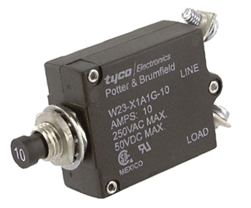 TE Connectivity W23 Thermal Circuit Breaker - 1-Pole, Direct, 10A Current Rating, 1000 A, 240V ac, 50 V dc