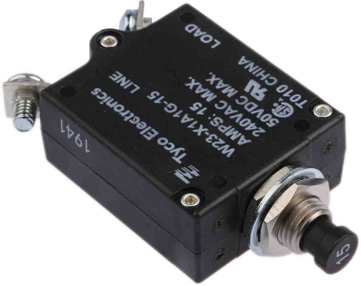 TE Connectivity W23 Thermal Circuit Breaker - 1-Pole, Direct, 15A Current Rating, 1000 A, 240V ac, 50 V dc