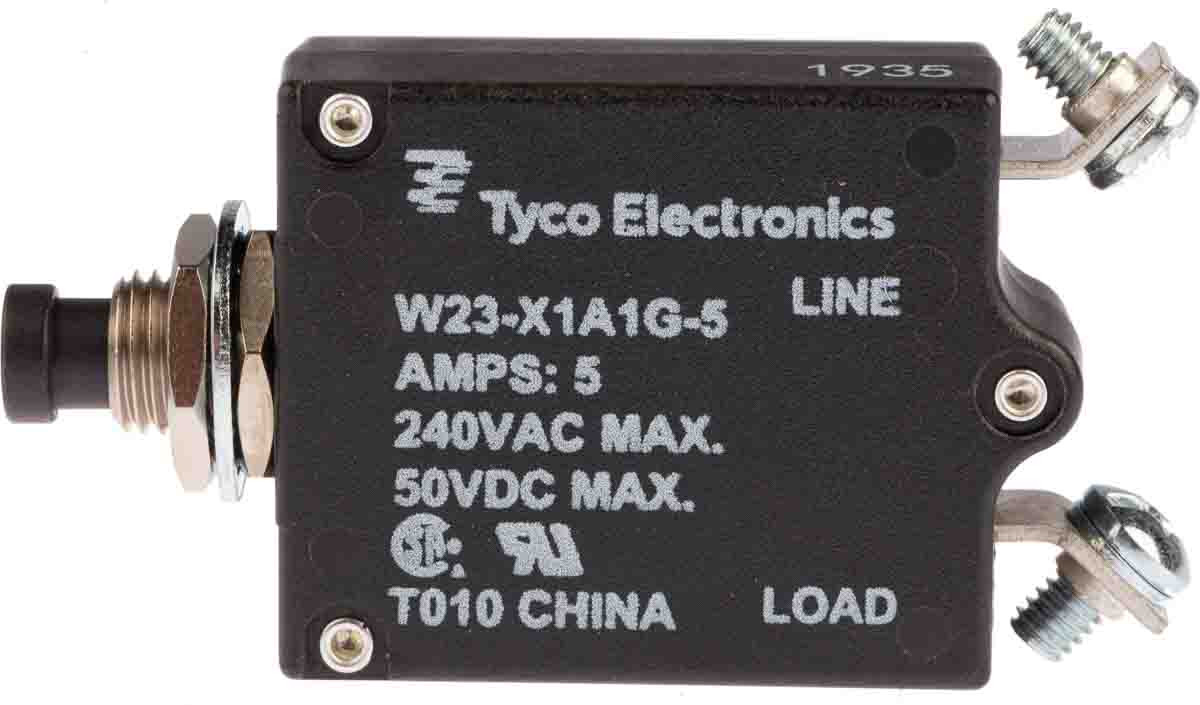 TE Connectivity 0.5 to 50 A W23 Thermal Circuit Breaker - 1-Pole, Direct, 5A Current Rating, 1000 A, 240V ac, 50 V dc