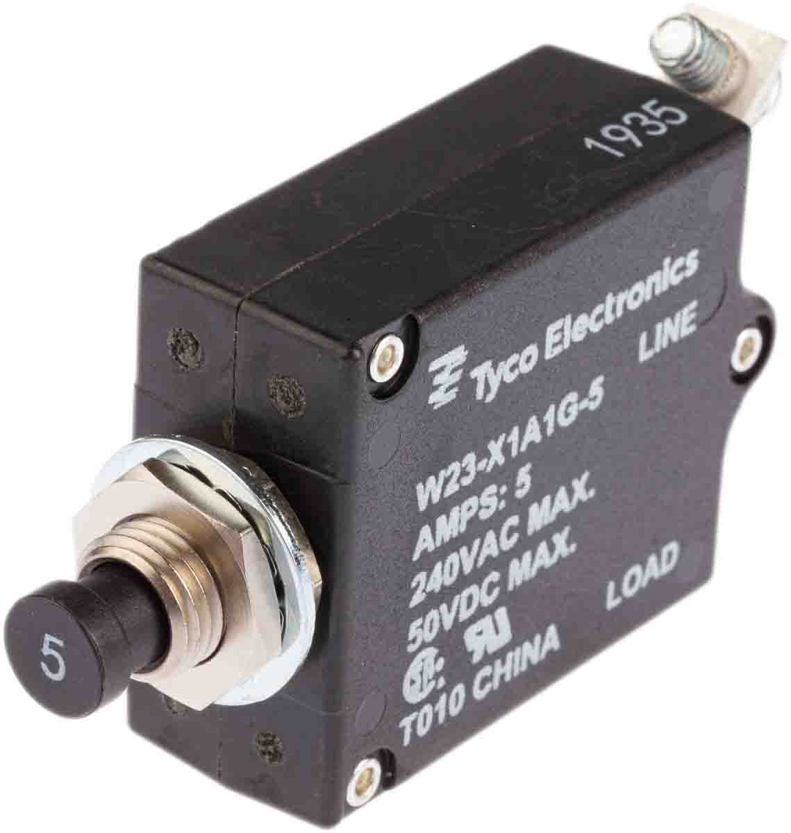 w23-x1a1g-5 TE Connectivity 0.5 to 50 A W23 Thermal Circuit Breaker - 1-Pole, Direct, 5A Current Rating, 1000 A, 240V ac, 50 V dc