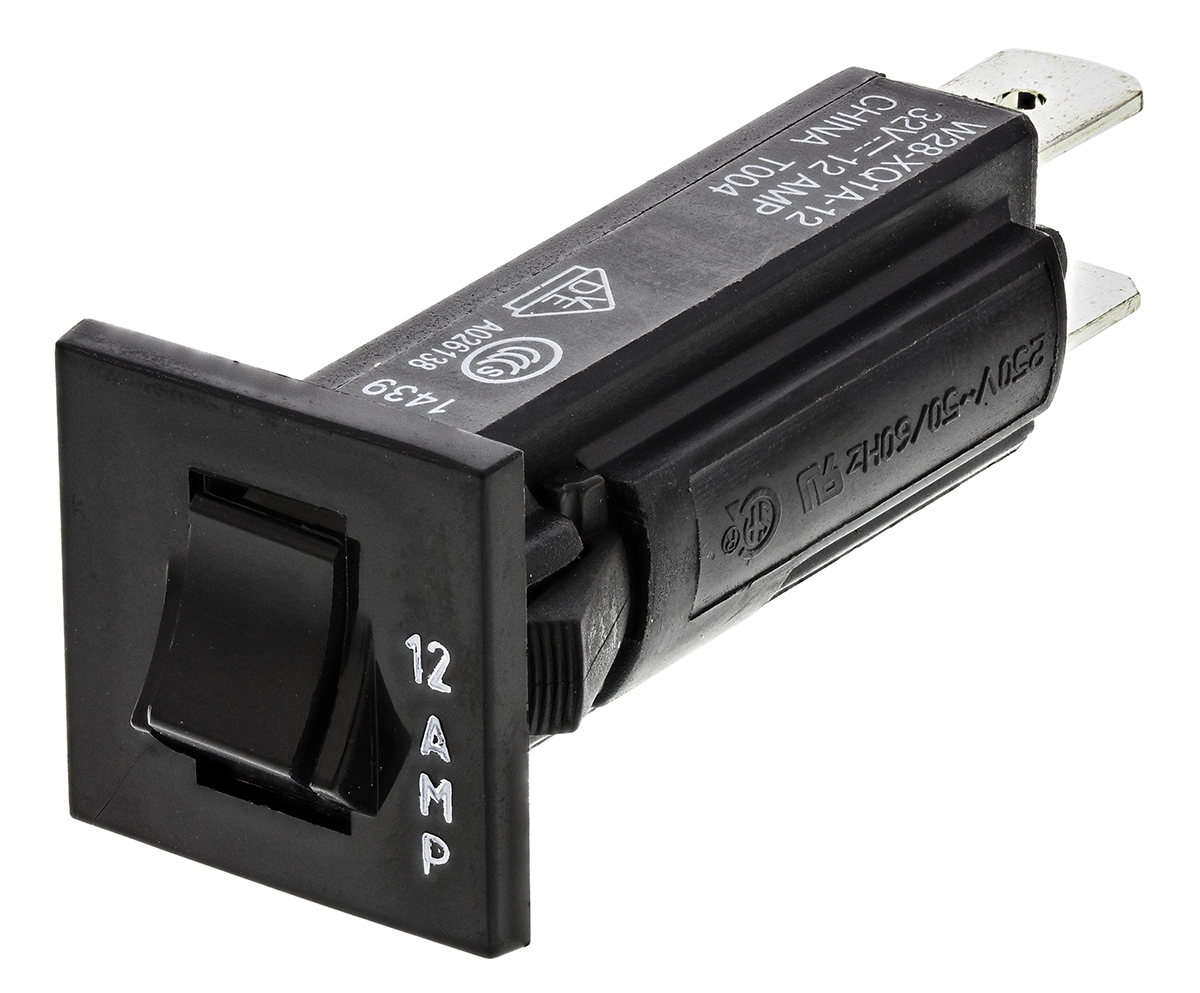 TE Connectivity W28 Thermal Circuit Breaker - 1-Pole, Direct, 12A Current Rating, 1000 A, 240V ac, 50 V dc