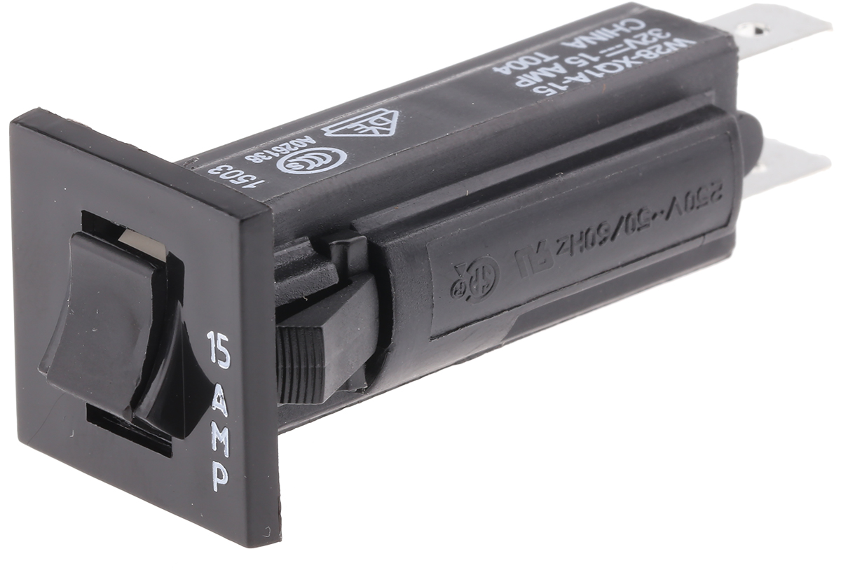 TE Connectivity W28 Thermal Circuit Breaker - 1-Pole, Panel, 15A Current Rating, 1000 A, 240V ac, 32 V dc