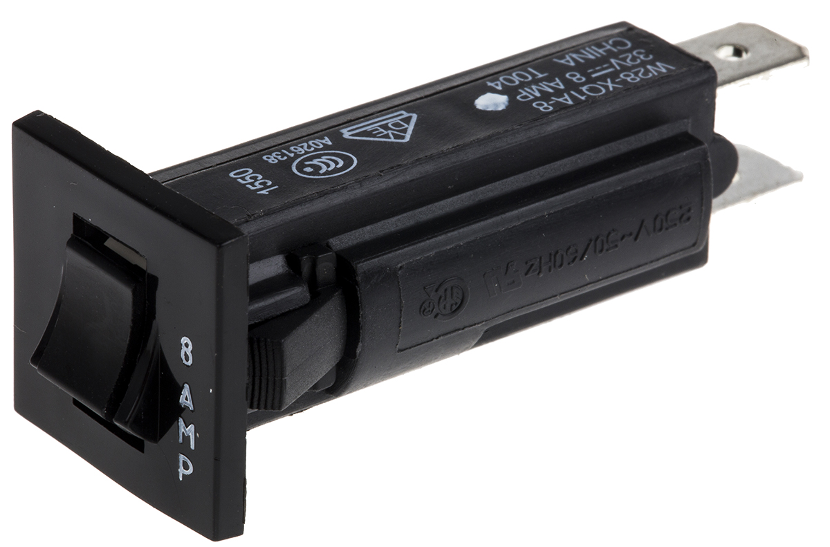 TE Connectivity 0.25 to 20 A W28 Thermal Circuit Breaker - 1-Pole, Direct, 8A Current Rating, 1000 A, 240V ac, 32 V dc