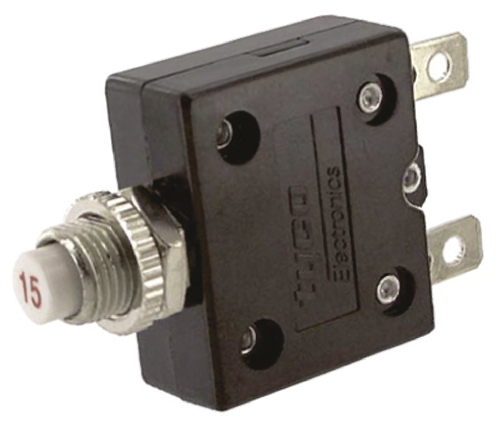TE Connectivity 0 to +60 °C W54 Thermal Circuit Breaker - 1-Pole, Direct, 15A Current Rating, 1000 A, 250V ac, 50 V dc
