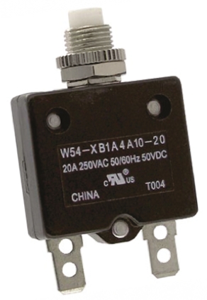 TE Connectivity W54 Thermal Circuit Breaker - 1-Pole, Direct, 20A Current Rating, 1000 A, 250V ac, 50 V dc
