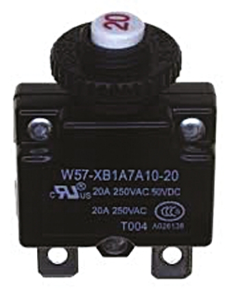 TE Connectivity 0 to +60 °C W57 Thermal Circuit Breaker - 1-Pole, Direct, 15A Current Rating, 1000 A, 250V ac, 50 V dc