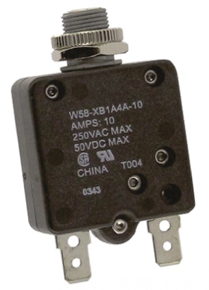 TE Connectivity W58 Thermal Circuit Breaker - 1-Pole, Direct, 10A Current Rating, 1000 A, 250V ac, 50 V dc