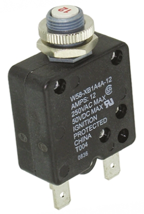 TE Connectivity 0.5 to 30 A W58 Thermal Circuit Breaker - 1-Pole, Direct, 12A Current Rating, 1000 A, 250V ac, 50 V dc