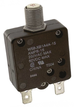 TE Connectivity W58 Thermal Circuit Breaker - 1-Pole, Direct, 15A Current Rating, 1000 A, 250V ac, 50 V dc