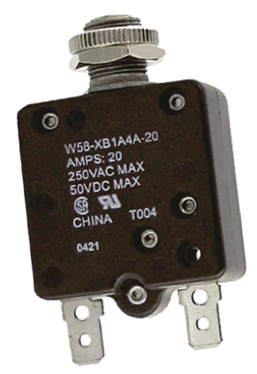 TE Connectivity W58 Thermal Circuit Breaker - 1-Pole, Direct, 20A Current Rating, 1000 A, 250V ac, 50 V dc