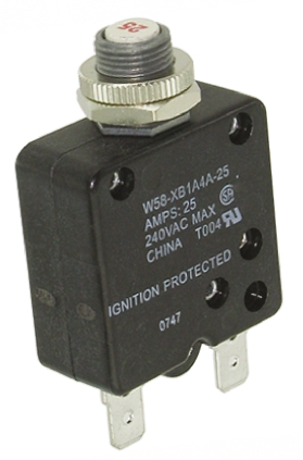 TE Connectivity W58 Thermal Circuit Breaker - 1-Pole, Direct, 25A Current Rating, 1000 A, 250V ac, 50 V dc