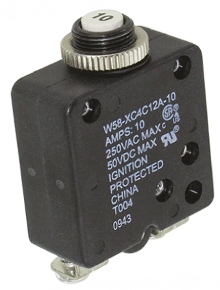 TE Connectivity W58 Thermal Circuit Breaker - 1-Pole, Direct, 10A Current Rating, 1000 A, 250V ac, 50 V dc