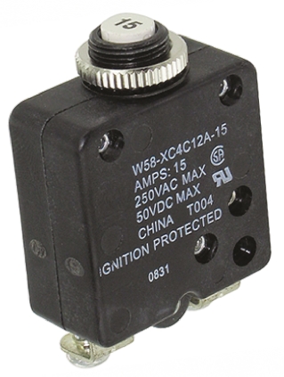 TE Connectivity W58 Thermal Circuit Breaker - 1-Pole, Direct, 15A Current Rating, 1000 A, 250V ac, 50 V dc