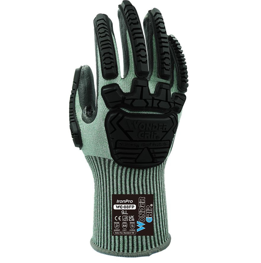Wonder Grip IRONPRO Black, Green HPPE, Mineral Fibre, Polyester, Spandex Work Glove, Size 10, Nitrile Coating