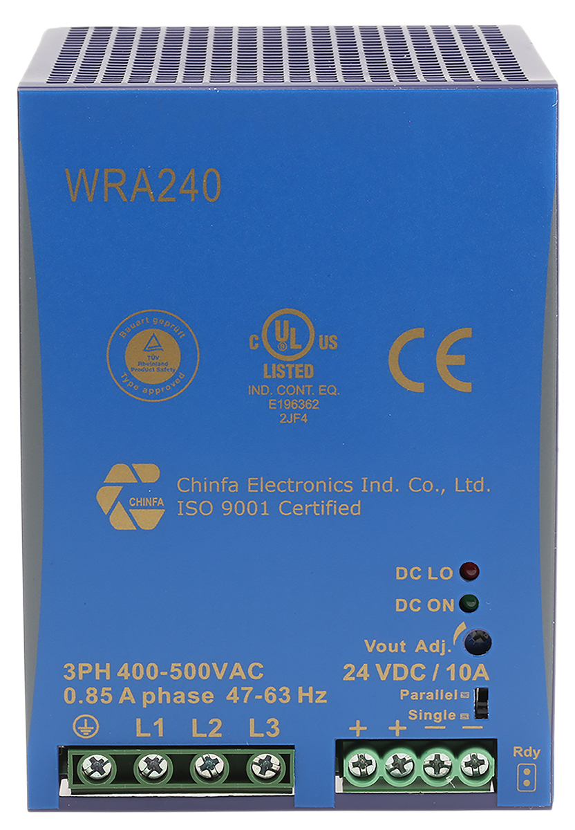 Chinfa WRA 240 Switched Mode DIN Rail Power Supply 400V ac AC Input 24V dc, 10 A Output DC 240 W