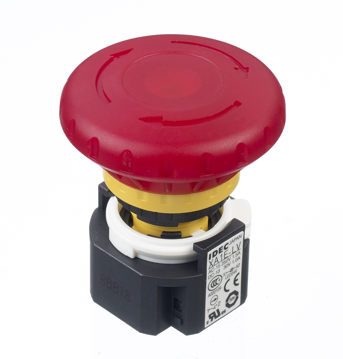 Idec XA Series Twist Release Illuminated Emergency Stop Push Button, Panel Mount, 16 mm Cutout, 1 NO/3 NC, IP65