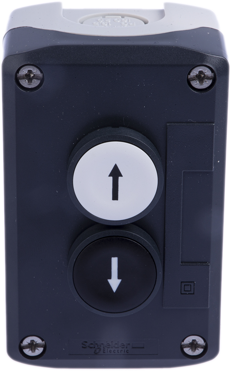 xald222 Schneider Electric Spring Return Enclosed Push Button - DPST, Polycarbonate, 1 Cutouts, White, Black, IP66, IP67, IP69K