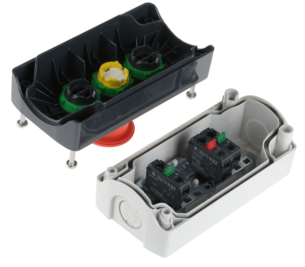 xald328 Schneider Electric Control Station Switch, Polycarbonate, 3 Cutouts, White, Black, Red, IP69K, IP66, IP67
