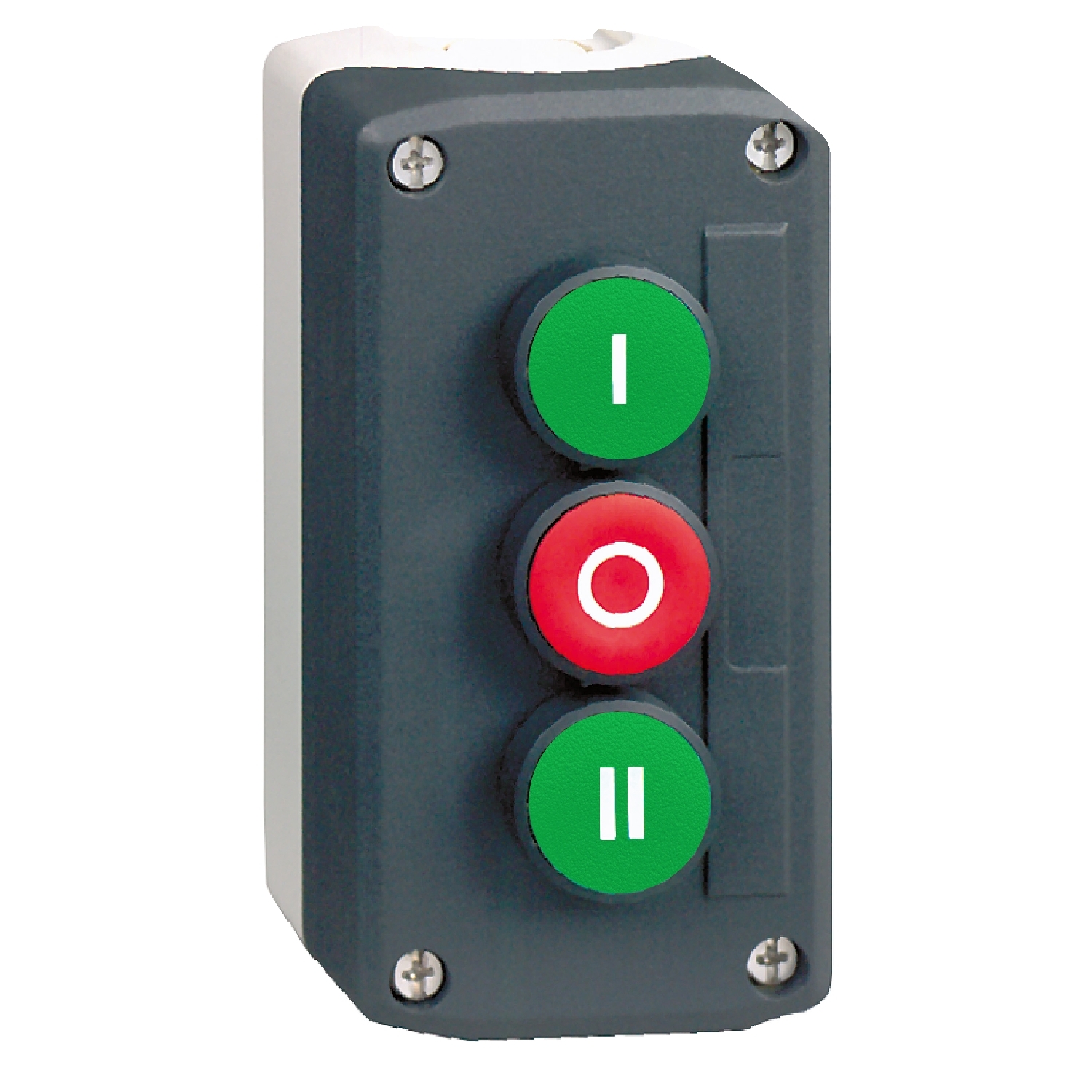 Schneider Electric Spring Return Push Button Control Station - 1 NC/2 NC, Polycarbonate, 3 Cutouts, Green, Red, I/O/II,