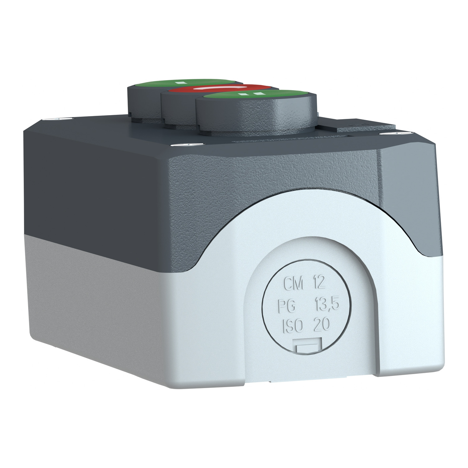 xald339 Schneider Electric Spring Return Push Button Control Station - 1 NC/2 NC, Polycarbonate, 3 Cutouts, Green, Red, I/O/II,