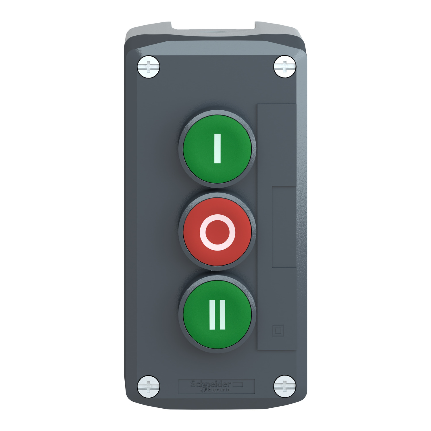 xald339 Schneider Electric Spring Return Push Button Control Station - 1 NC/2 NC, Polycarbonate, 3 Cutouts, Green, Red, I/O/II,