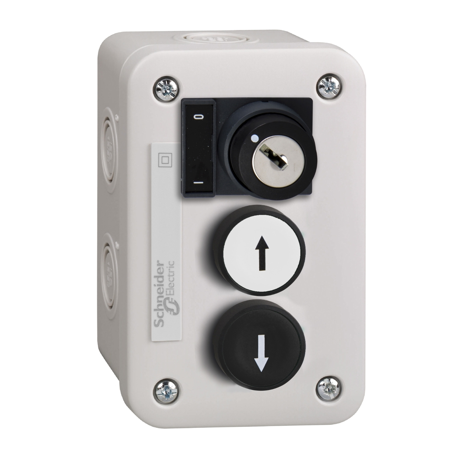 Schneider Electric Spring Return Push Button Control Station - 1 NO, ABS, 3 Cutouts, Black, White, IP54
