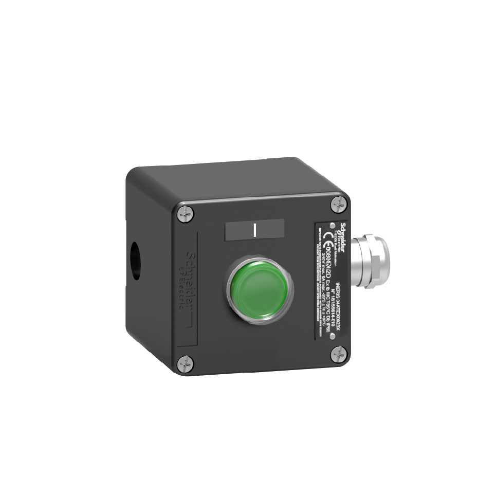 Schneider Electric Spring Return Push Button Control Station - 1 NO, Metal, 2 Cutouts, Green, IP65