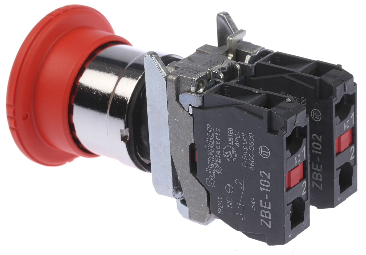 xb4bs8444 Schneider Electric Harmony Series Twist Release Emergency Stop Push Button, Panel Mount, 22 mm Cutout, 2 NC, IP66, IP67,
