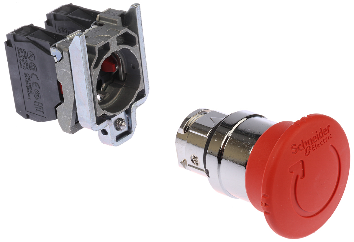 xb4bs8444 Schneider Electric Harmony Series Twist Release Emergency Stop Push Button, Panel Mount, 22 mm Cutout, 2 NC, IP66, IP67,