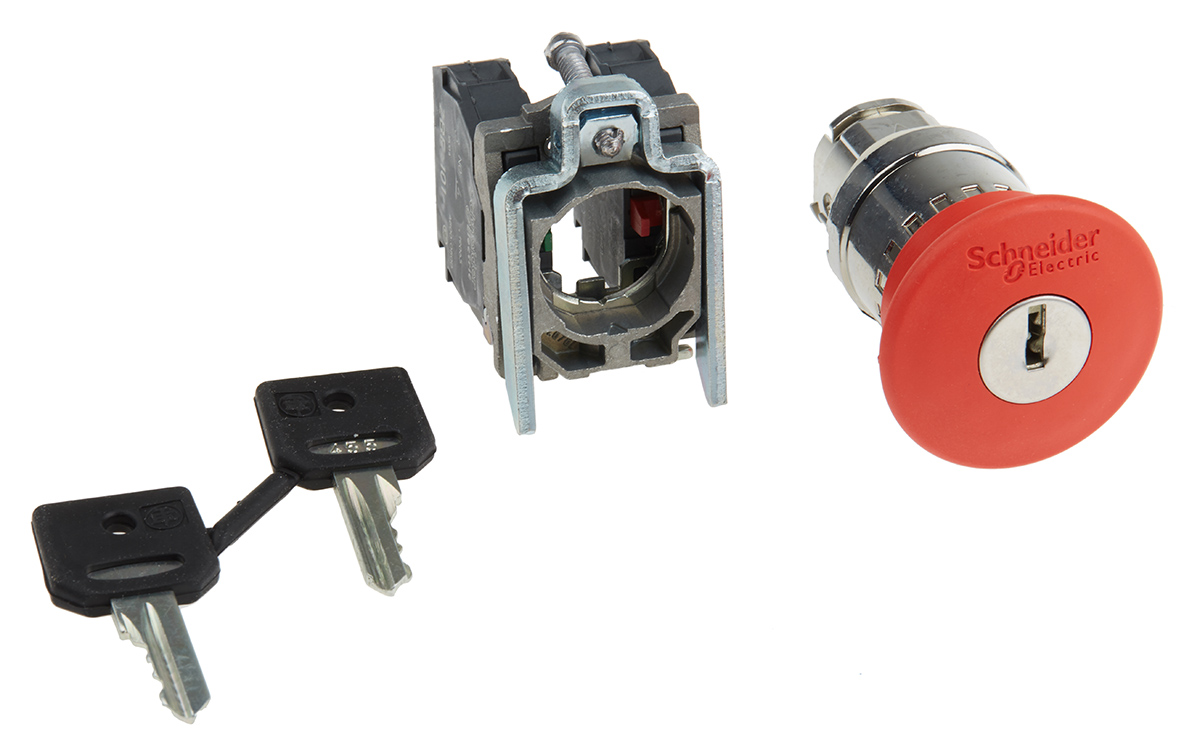 Schneider Electric Harmony XB4 Series Key Release Emergency Stop Push Button, Panel Mount, 22 mm Cutout, 1 NO/1 NC,