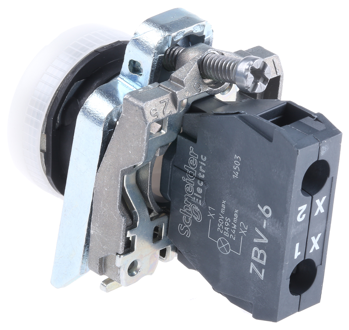 xb4bv61 Schneider Electric, Harmony, Panel Mount White LED Pilot Light, 22 mm Cutout, IP67, IP66, IP69, IP69K, Round, 250V