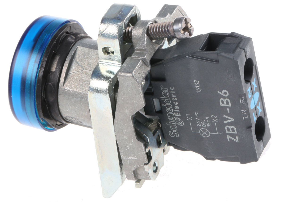 xb4bvb6 Schneider Electric, Harmony XB4, Panel Mount Blue LED Pilot Light, 22 mm Cutout, IP66, IP67, IP69K, Round, 24V ac/dc