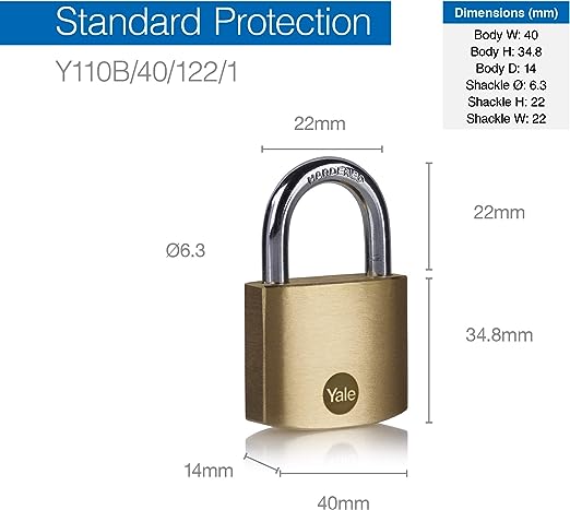 y110b401221 Yale1 Padlock Brass Padlock, 6.3 mm Shackle, 40 mm Body