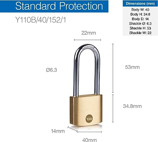 y110b401521 Yale1 Padlock Brass Padlock, 6.3 mm Shackle, 40 mm Body