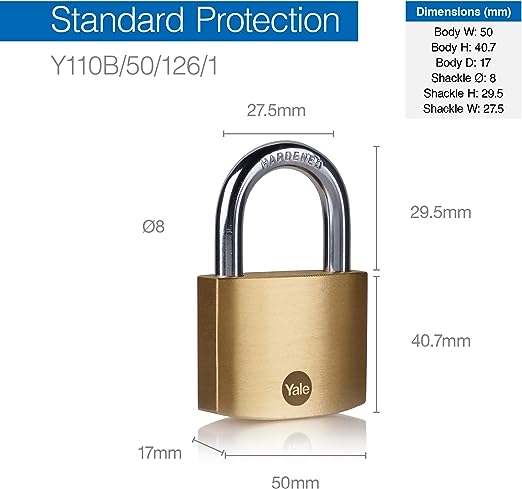 y110b501261 Yale1 Padlock Brass Padlock, 8 mm Shackle, 50 mm Body