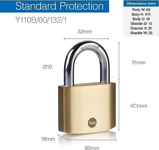 y110b601321 Yale1 Padlock Brass Padlock, 10 mm Shackle, 60 mm Body