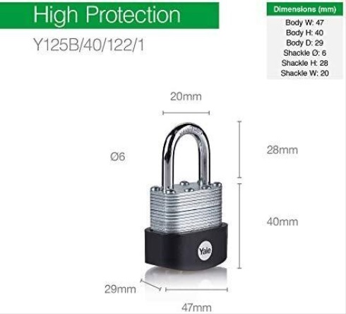 y125b401223 Yale1 Padlock Steel, Brass Steel Padlock, 6 mm Shackle, 47 mm Body