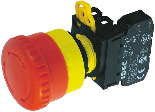 Idec YW1B Series Twist Release Emergency Stop Push Button, Panel Mount, 22 mm Cutout, 1 NC, IP20, IP65