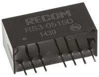 rs3-0515d Recom RS3 DC-DC Converter, ±15V dc/ ±100mA Output, 4.5 → 9 V dc Input, 3W, Through Hole, +71°C Max Temp -40°C