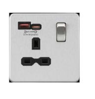 sfr9919bc Knightsbridge Brushed Chrome 1 Gang 13A and USB Socket, 1 Pole Poles, 13A, Type G - British, USB, Indoor Use