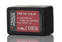 tpp-15-115-d TRACOPOWER Switching Power Supply, TPP 15-115-D, 15V dc, 1A, 15W, 1 Output, 120 → 370 V dc, 85 → 264 V ac