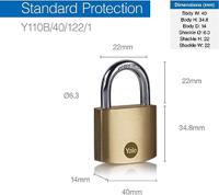 y110b401221 Yale Padlock Brass Padlock, 6.3mm Shackle, 40mm Body